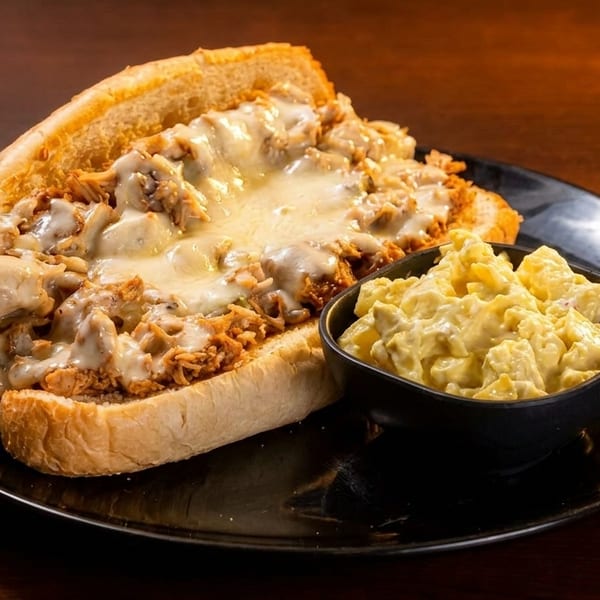 Cheesesteak sandwich with melted cheese and a side of potato salad on a black plate.
