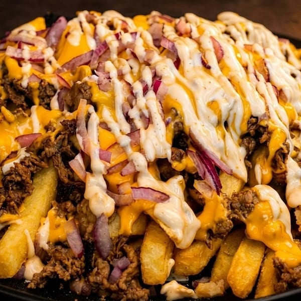 Loaded fries with melted cheese, ground meat, red onions, and a creamy white sauce.