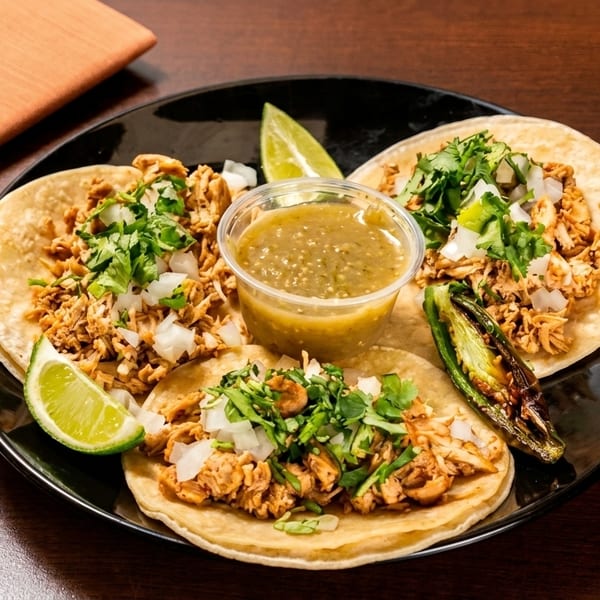 Three chicken tacos with cilantro, onions, lime, salsa, and a grilled jalapeño on a black plate.
